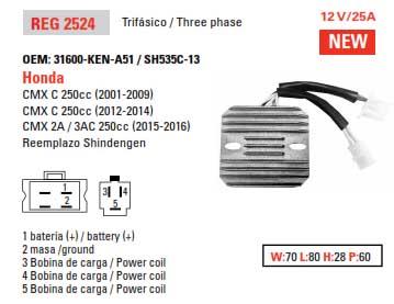 DZE Electrics Regulator 31600-ken-a51 / SH535C-13, Dze 02524-04 Honda 12v/25a